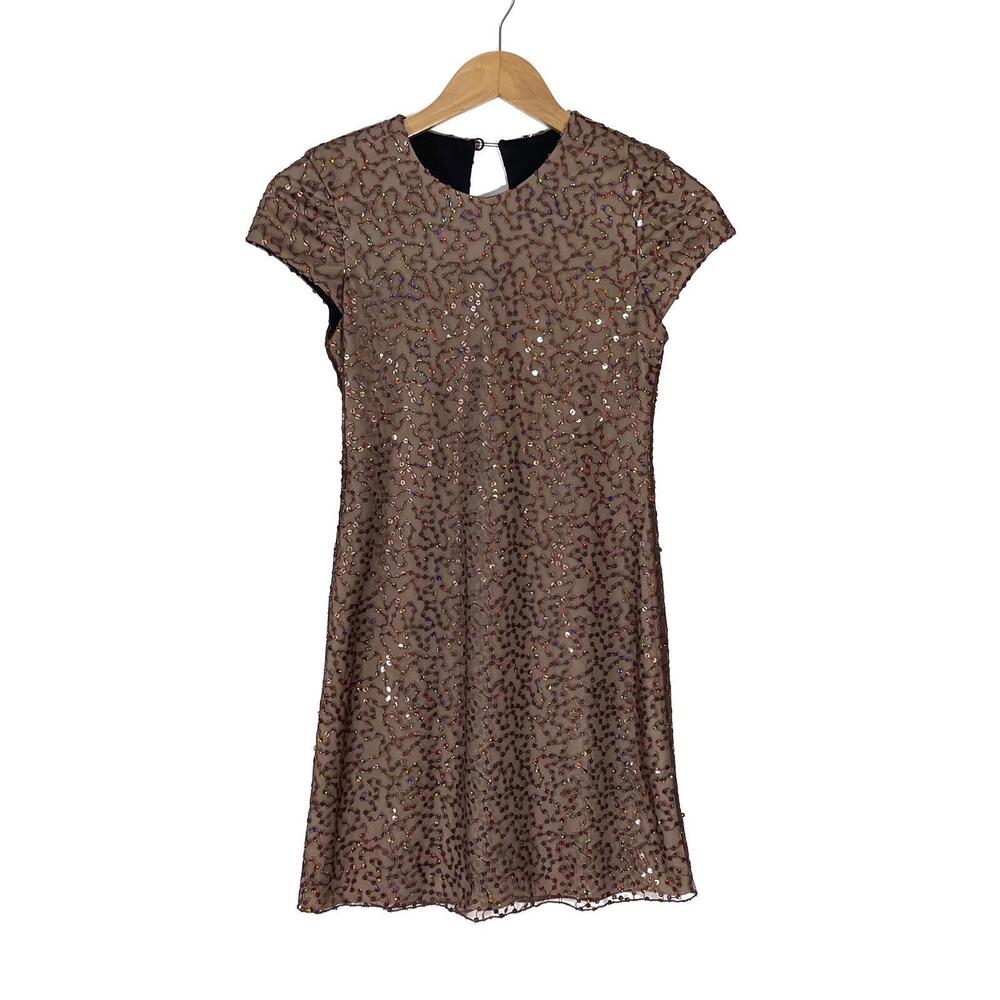 C.W. Designs Junior’s Size Small Brown Sequin Mesh Short Sleeve Mini Dress